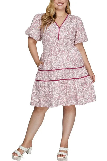 Full Size Printed V-Neck Puff Sleeve Tiered Dress Plus Size - Berry - product view 4