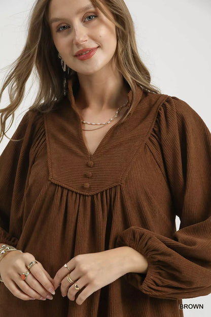 Corduroy Tiered Babydoll Dress in Brown - product view 5