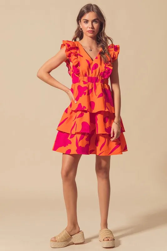 Floral V Neck Layered Dress with Elasticized Waist in Orange/Fuchsia - product view 8