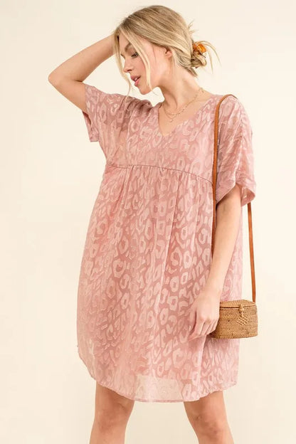 Woven Leopard Baby Doll Roll-Sleeve Casual Dress - Mauve - product view 4