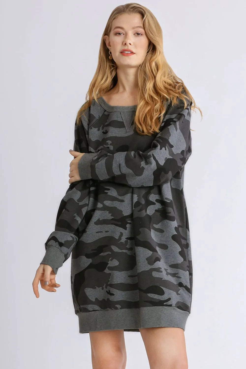 Full Size Camo Print Ribbed Hem French Terry Mini Dress Plus Size in Dark Gray - product view 2