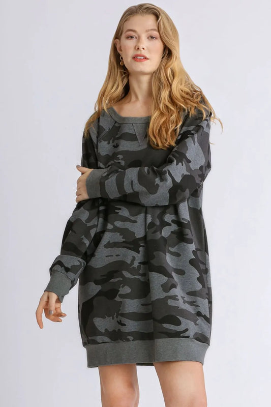 Full Size Camo Print Ribbed Hem French Terry Mini Dress Plus Size in Dark Gray - product view 2