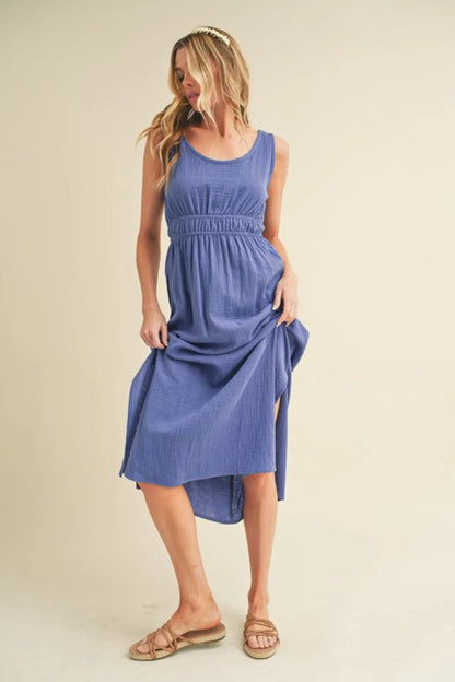 Side Slit Round Neck Sleeveless Tank Dress - Dusty Blue - product view 2