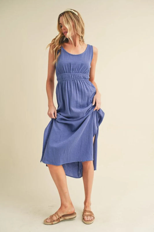 Side Slit Round Neck Sleeveless Tank Dress - Dusty Blue - product view 2