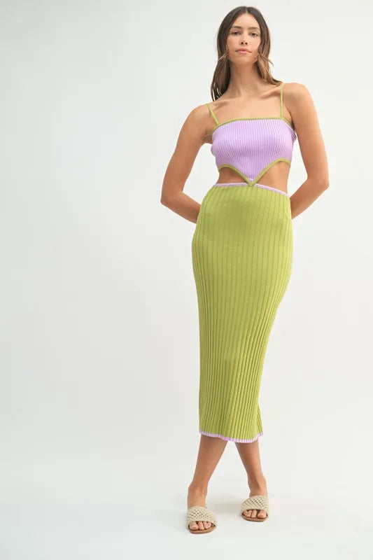 Ribbed Knit Color Block Cutout Midi Dress - Lime - product view 2