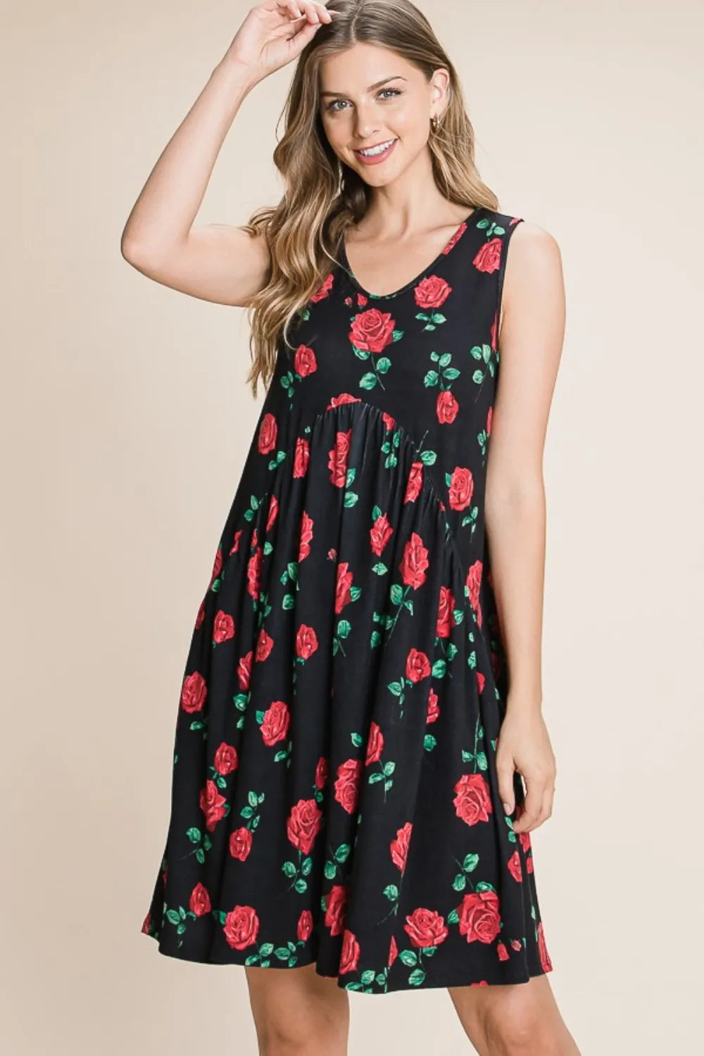 Floral Ruched Tank Dress in Black - product view 3
