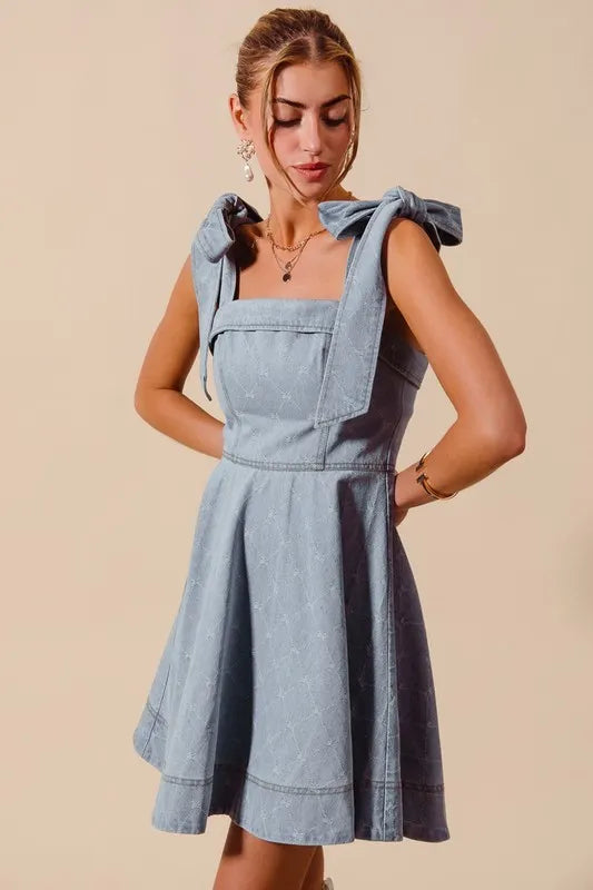 A Line Fit and Flare Diamond Bow Ribbon Denim Dres in Lt Denim - product view 4