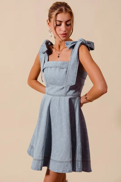 A Line Fit and Flare Diamond Bow Ribbon Denim Dres in Lt Denim - product view 4