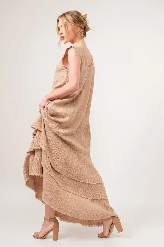Washed Cotton Gauze Fringe Detail Tiered Dress - Sand - product view 6