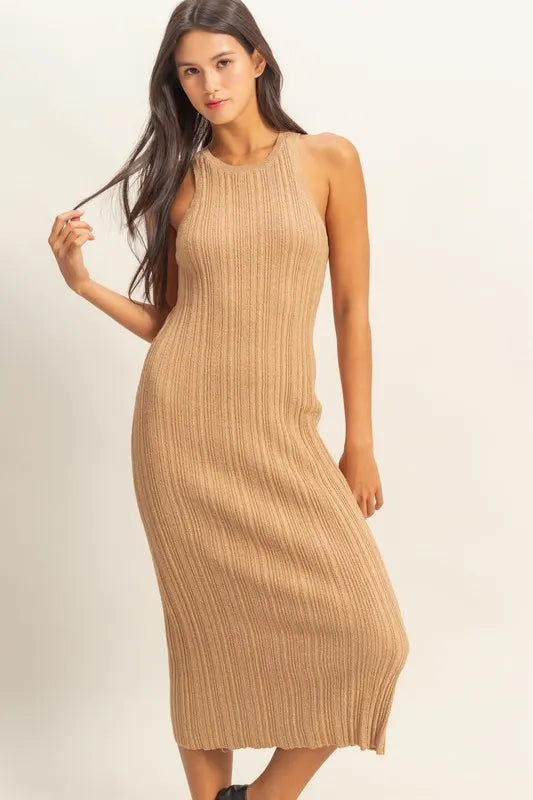 Round Neck Bodycon Ribbed Knit Dress - Dark Taupe - product view 1