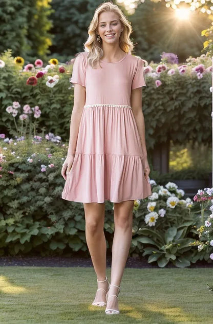 Full Size Solid Mini Tiered Dress with Pompom Lace Plus Size in Dusty Rose - product view 1