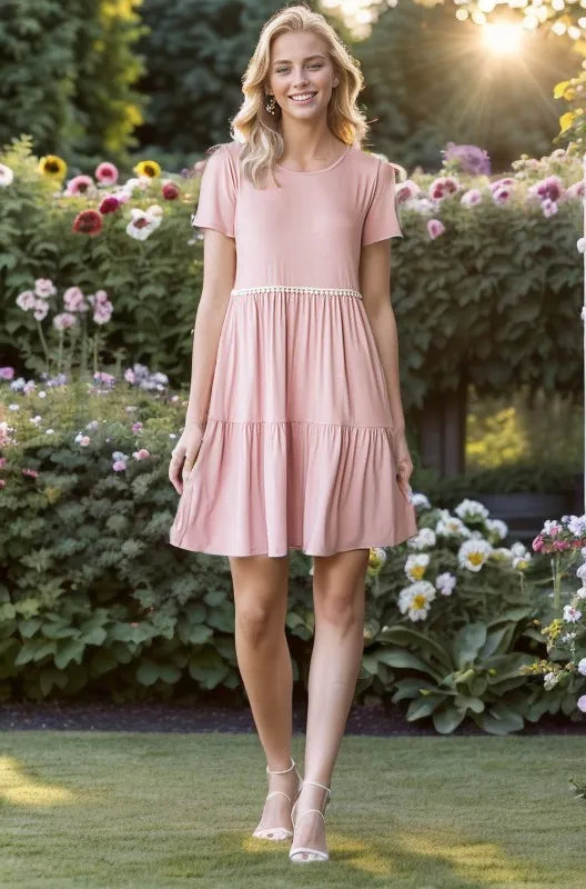 Full Size Solid Mini Tiered Dress with Pompom Lace Plus Size in Dusty Rose - product view 1