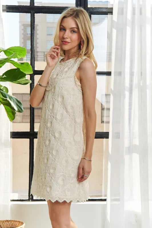 Applique Round Neck Sleeveless Shift Dress in Beige - product view 7