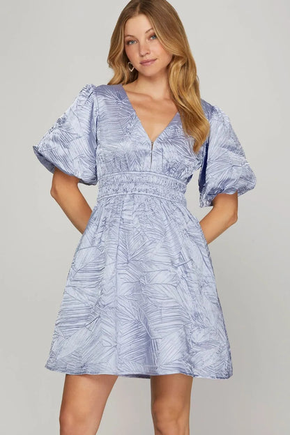 Crinkle Woven V-Neck Balloon Sleeve Mini Dress - Light Blue - product view 1