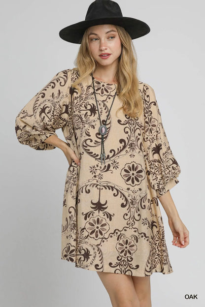 Boho Printed Balloon Sleeve Mini Dress - Oak - product view 1