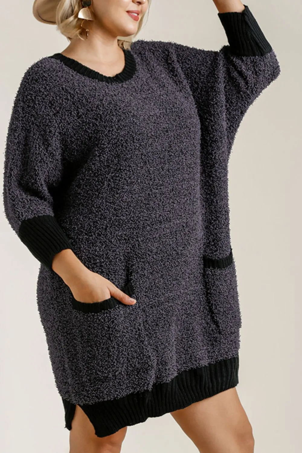 Full Size Ribbed Hem Round Neck 3/4 Sleeve Sweater Dress with Pockets Plus Size - Black - product view 5
