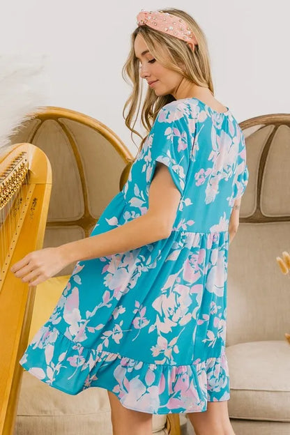 Floral Crinkle Shirred Ruffle Detail V Neck Dress in Soft Blue - product view 20