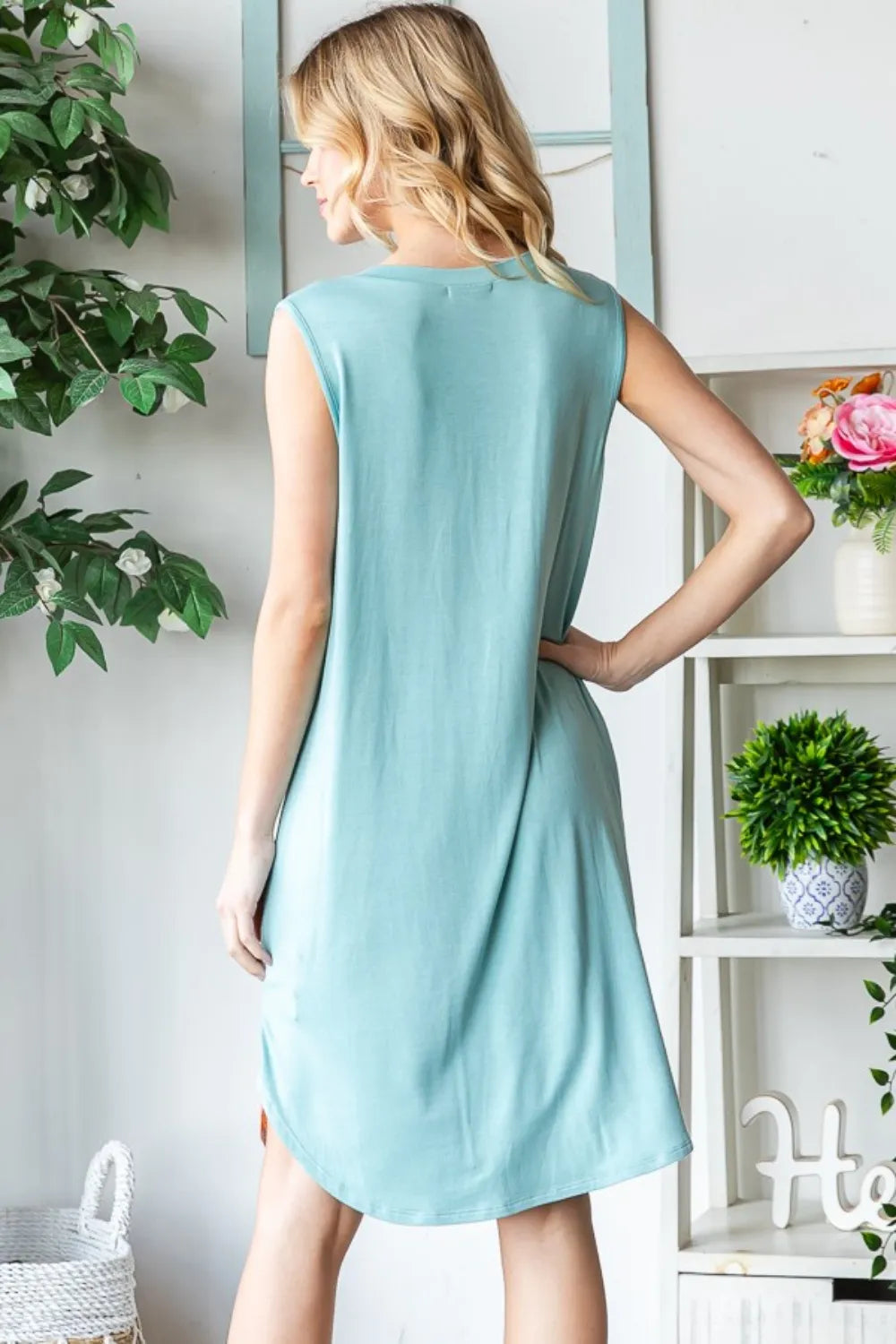 Full Size Striped Sleeveless V Neck Dress in Dusty Mint - product view 2