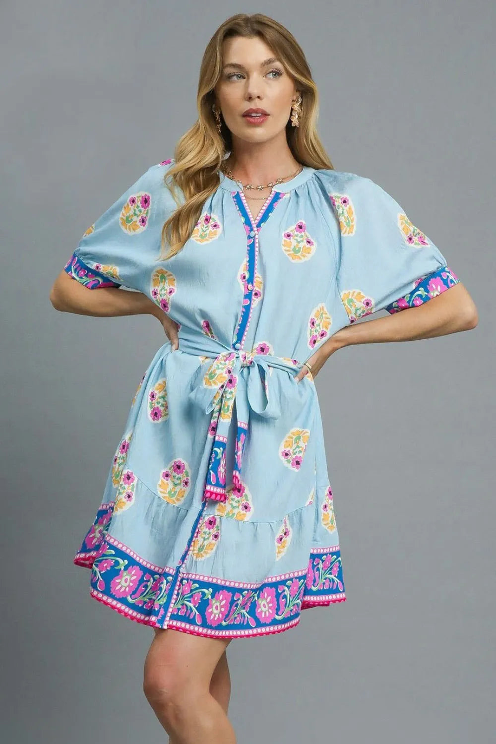 Floral Print Tie Waist Short Sleeve Dress - Pastel Blue - product view 1