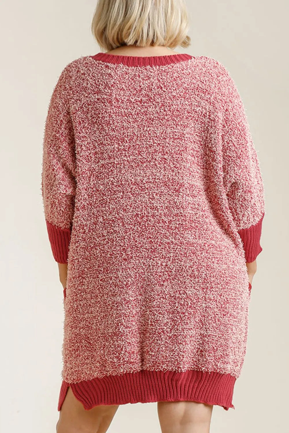 Full Size Ribbed Hem Round Neck 3/4 Sleeve Sweater Dress with Pockets Plus Size - Scarlet - product view 5