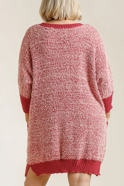 Full Size Ribbed Hem Round Neck 3/4 Sleeve Sweater Dress with Pockets Plus Size - Scarlet - product view 5