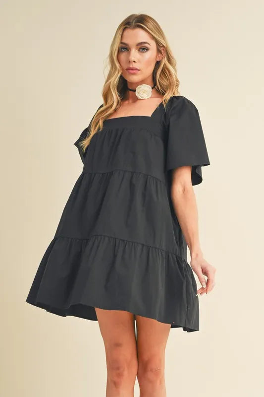 Square Neck Half Sleeve Tiered Dress - Black - product view 1