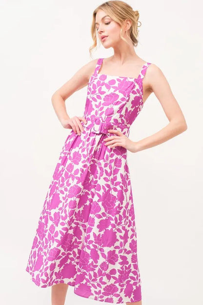Square Neck Belted Floral Printed Midi Dress in Magenta - product view 5