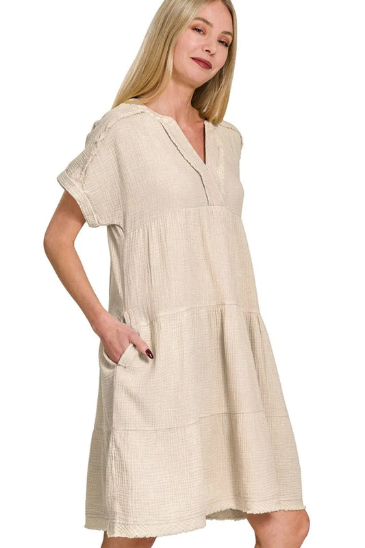 Washed Double Gauze Raw Edge V-neck Dress - Sand Beige - product view 1