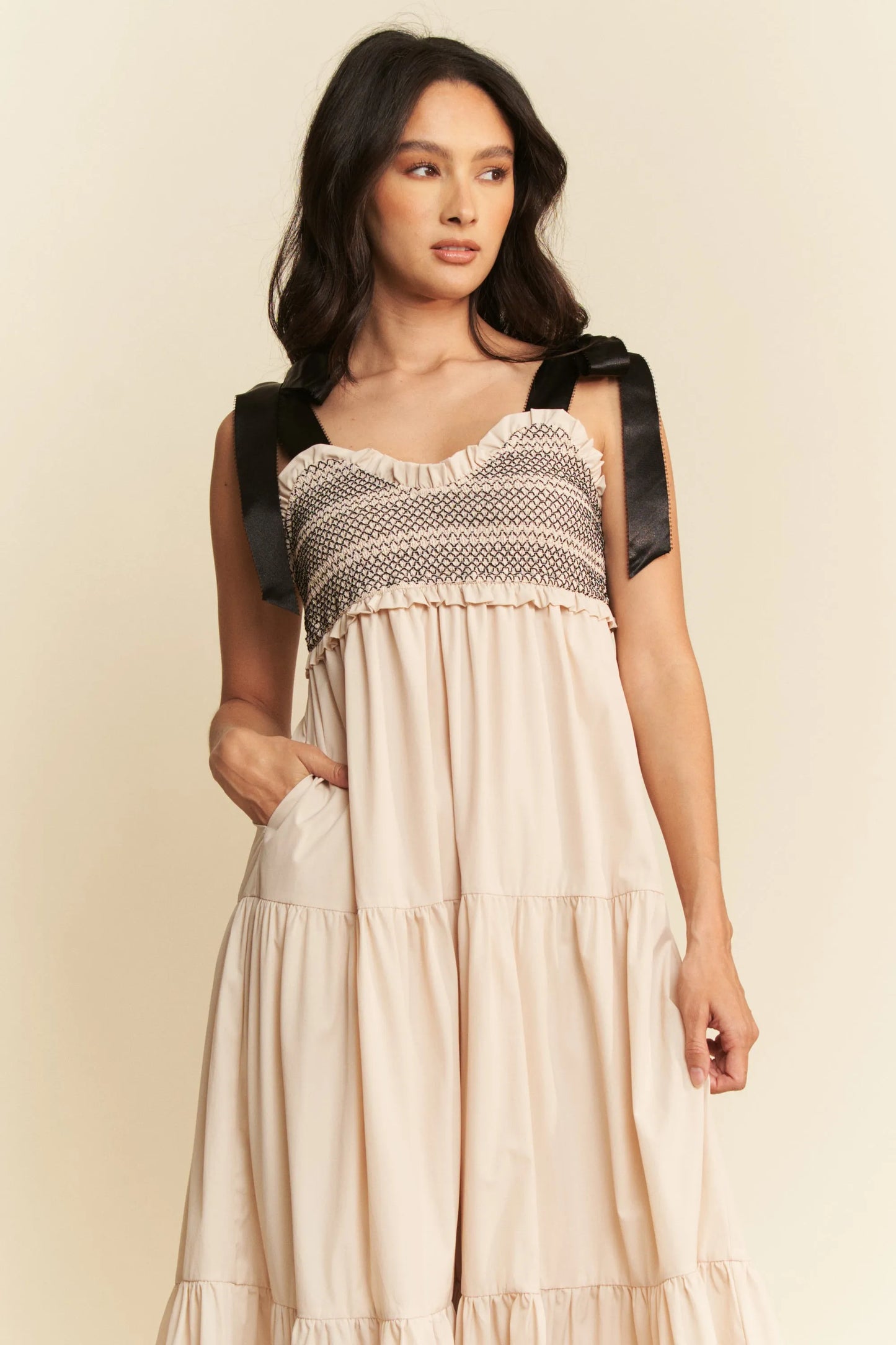 Multi Contrast Smocked Bodice Straps Maxi Dress in Beige - product view 5