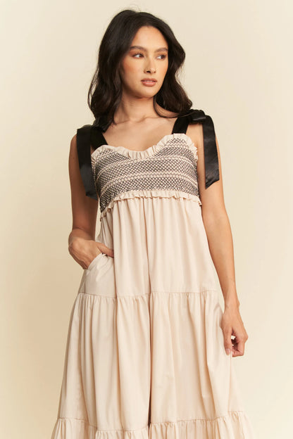 Multi Contrast Smocked Bodice Straps Maxi Dress in Beige - product view 5