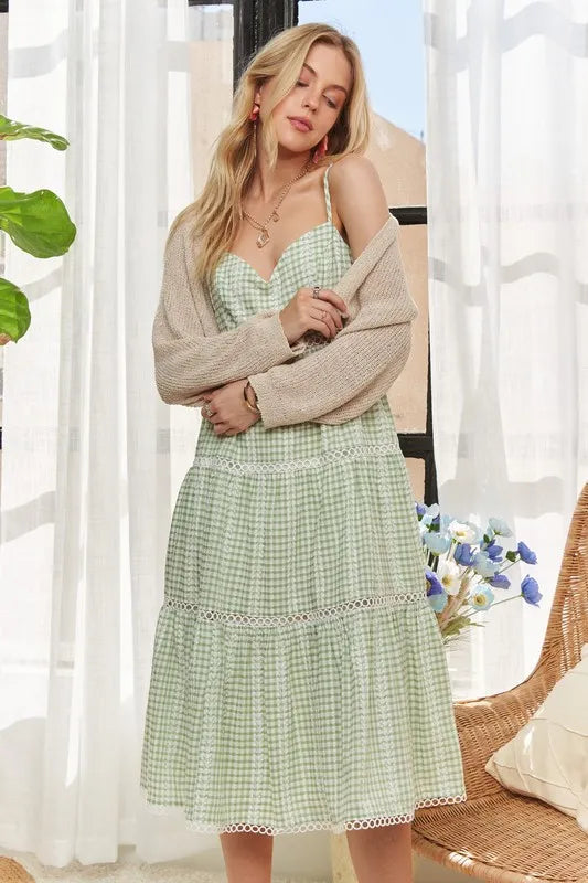 Gingham Detail Washed Dress in Light Green - product view 5