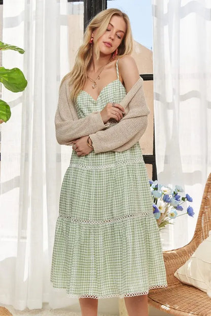 Gingham Detail Washed Dress in Light Green - product view 5