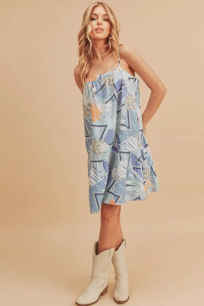 Printed Ruffled Hem Square Neck Mini Cami Dress in Light Blue - product view 3