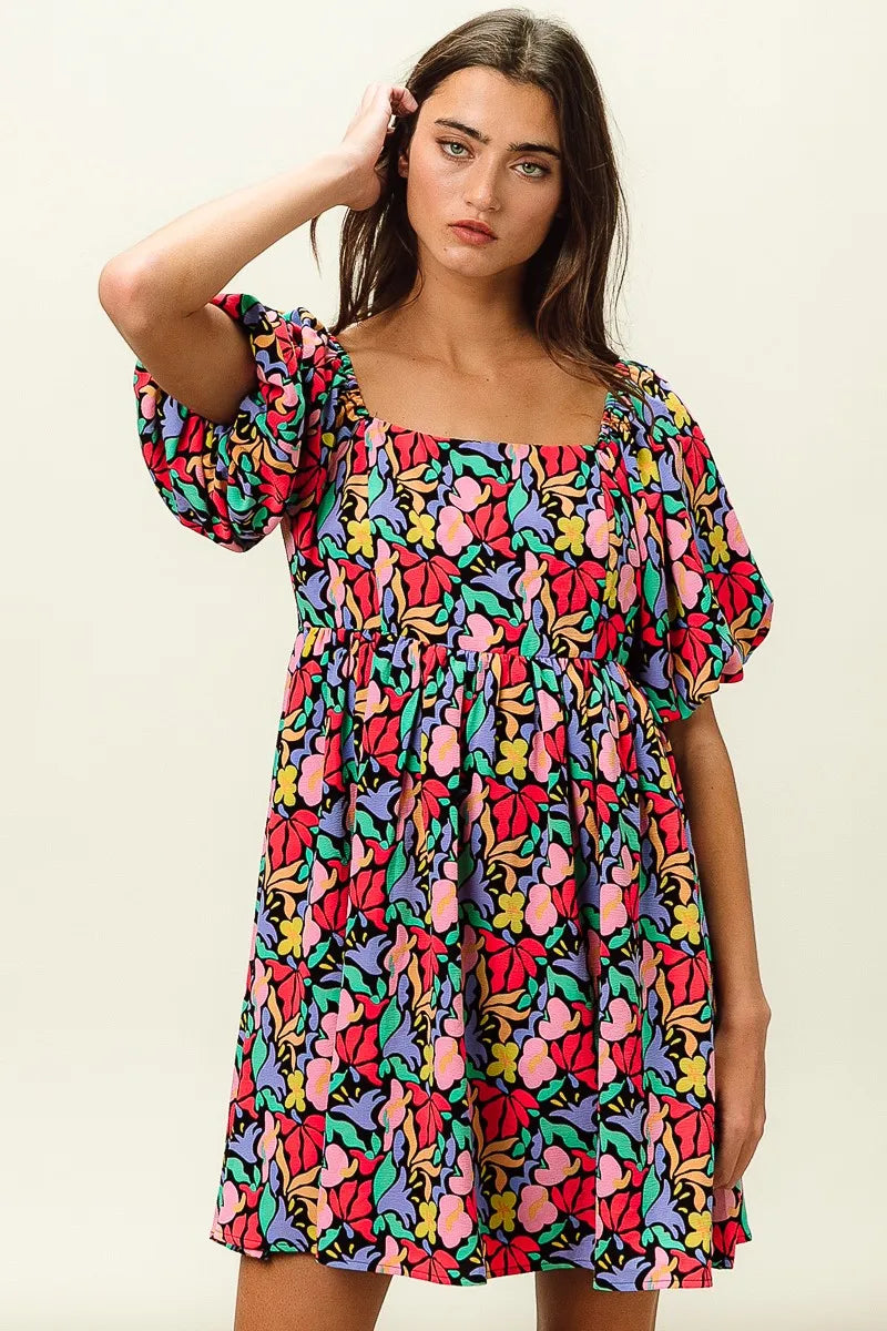 Floral Print Puff Square Neck Dress in Black Multi - product view 16
