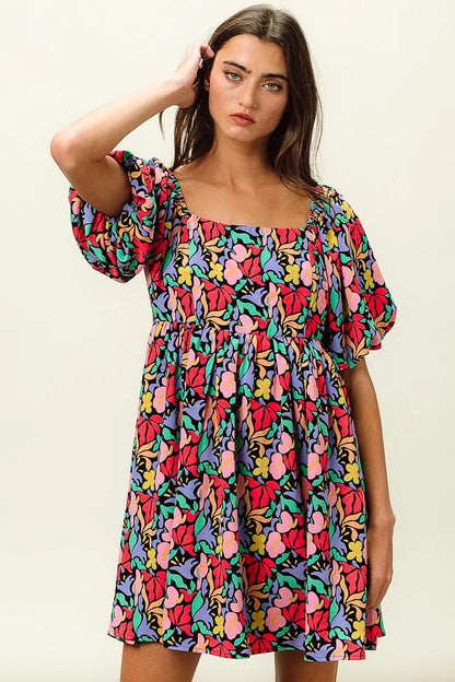 Floral Print Puff Square Neck Dress in Black Multi - product view 16