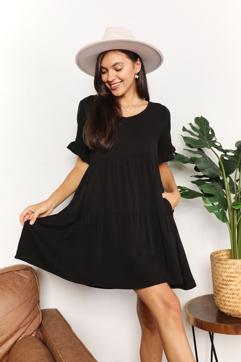 V-Neck Flounce Sleeve Tiered Dress in Dark Blue and Black - product view 12