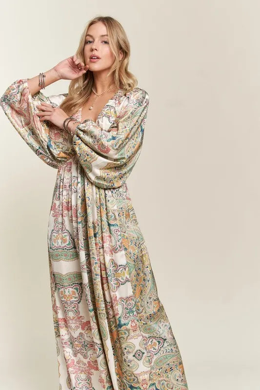 Printed V-Neck Batwing Sleeve Dress - Light Green - product view 3