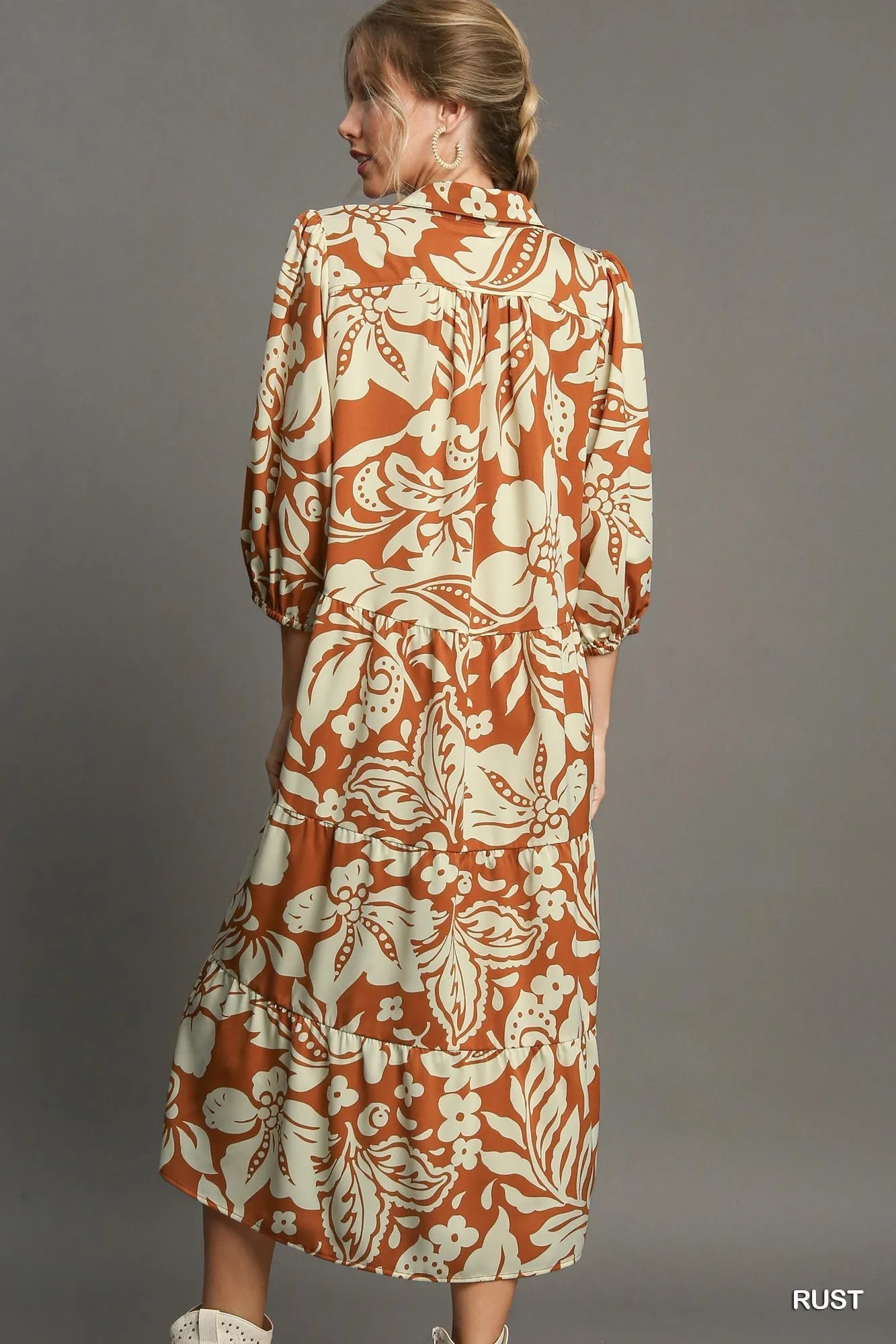 Full Size Floral Tiered Midi Shirt Dress Plus Size in Rust - product view 2