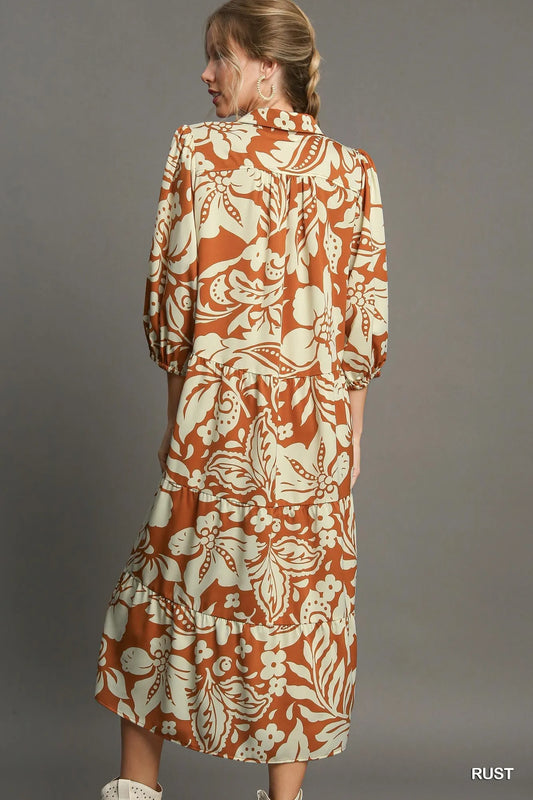Full Size Floral Tiered Midi Shirt Dress Plus Size in Rust - product view 2