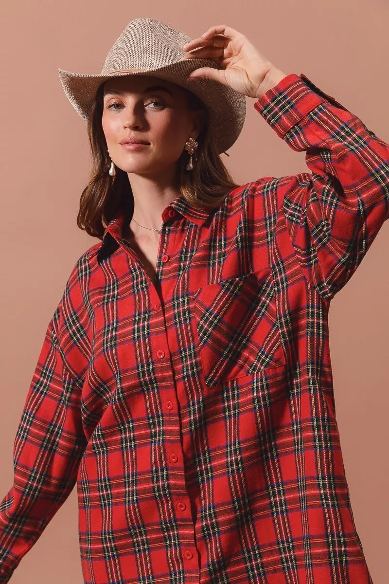 Christmas Checker Plaid Button Up Shirt Dress in Red Multi - product view 4