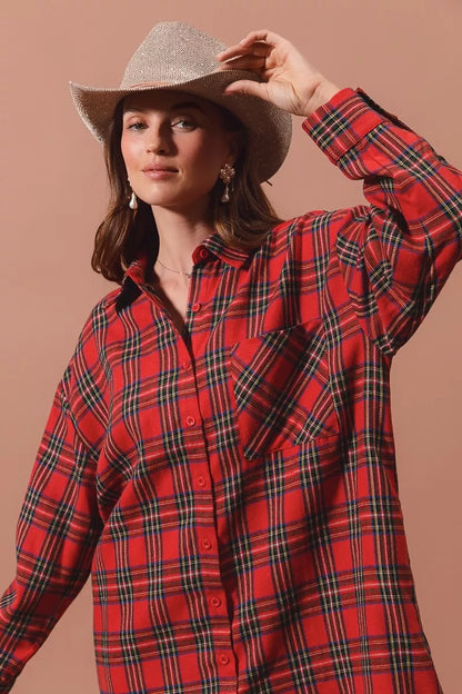 Christmas Checker Plaid Button Up Shirt Dress in Red Multi - product view 4
