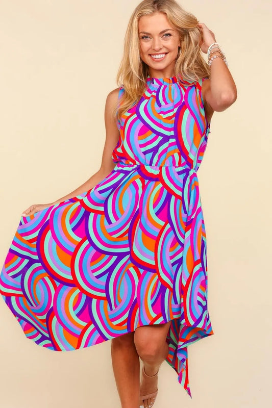 Full Size Mock Neck Sleeveless Printed Dress in Blue/Orange/Lilac - product view 1