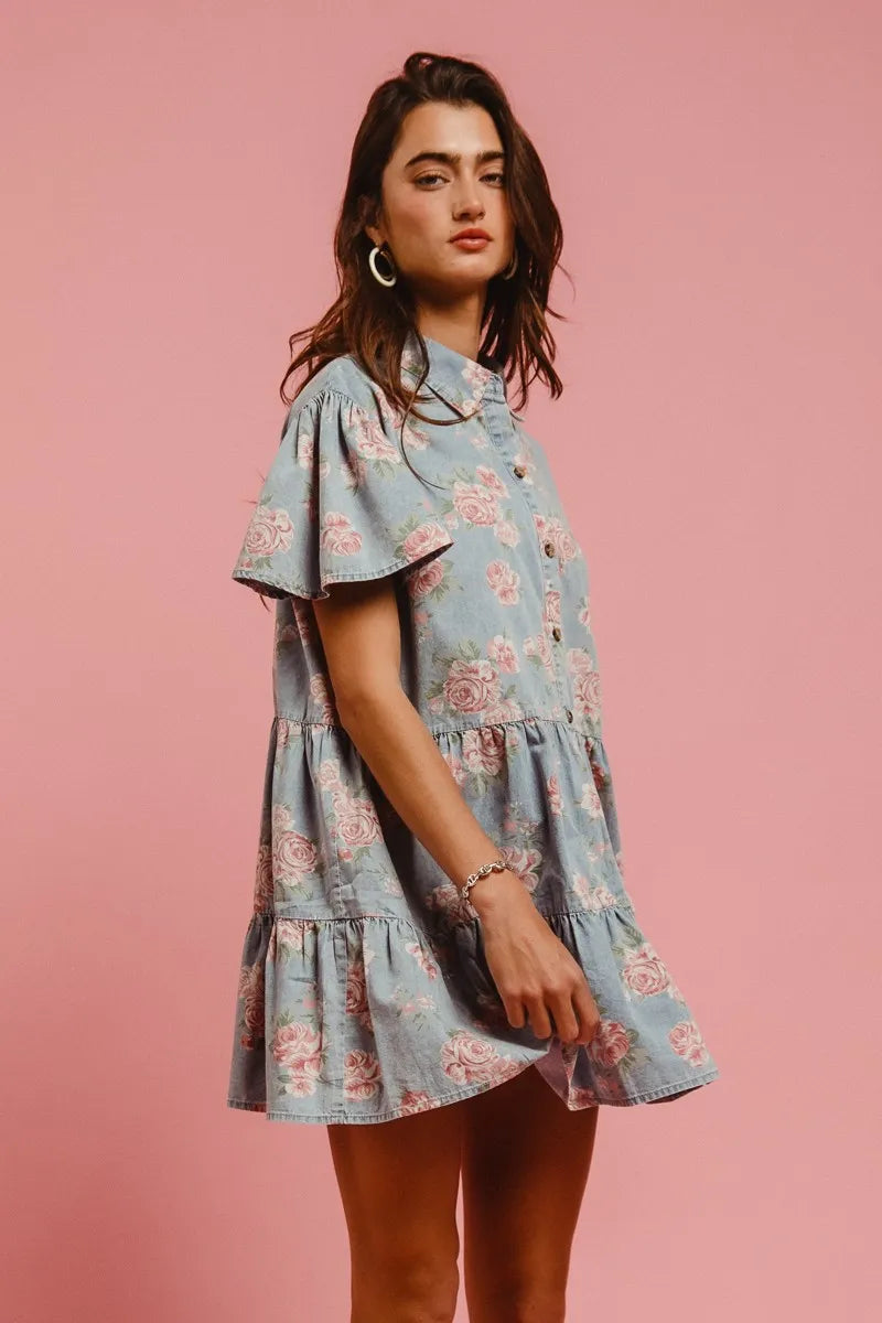 Floral Print Washed Lightweight Tiered Shirt Dress in Lt Denim - product view 10