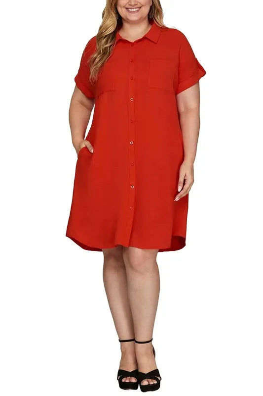 Full Size Button Down Short Sleeve Woven Shirt Dress Plus Size - Deep Red - product view 2