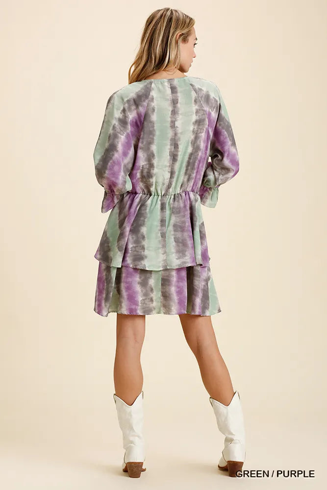Tie Dye Ruffled Layered Dress with Elastic Waistband - Green / Purple - product view 3