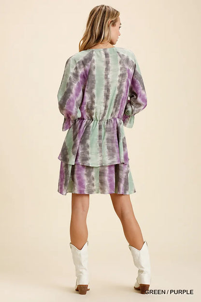Tie Dye Ruffled Layered Dress with Elastic Waistband - Green / Purple - product view 3