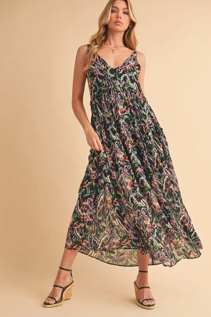 Printed V-Neck Frill Tiered Cami Dress in Black Multicolor - product view 3