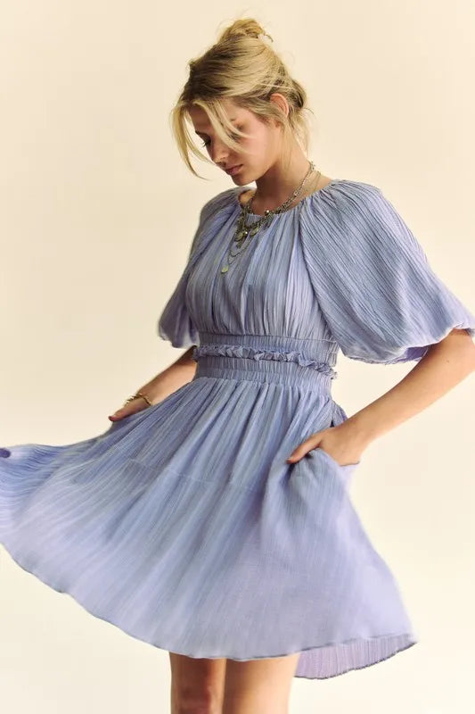 Back Button Puff Sleeve Mini Dress in Lavender - product view 5