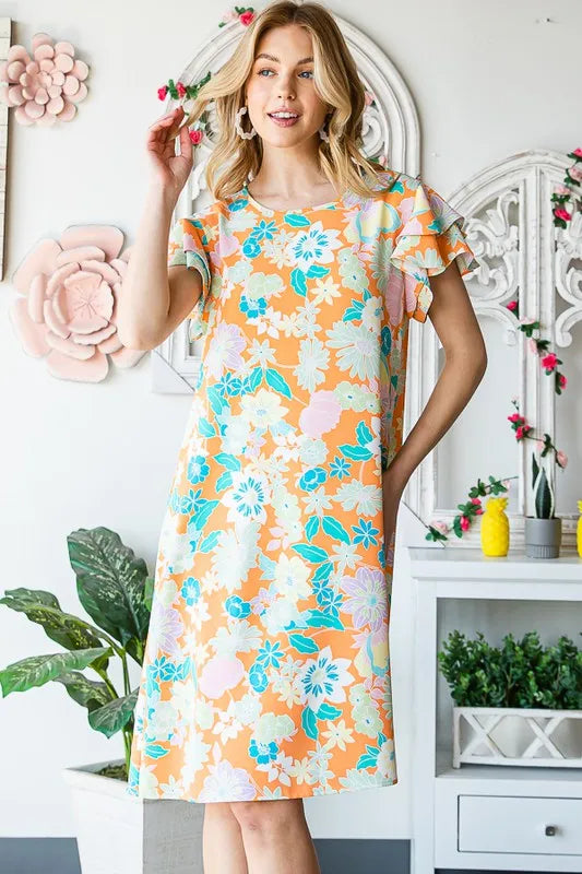 Full Size Ruffled Short Sleeve Floral Mini Dress Plus Size in Orange - product view 4