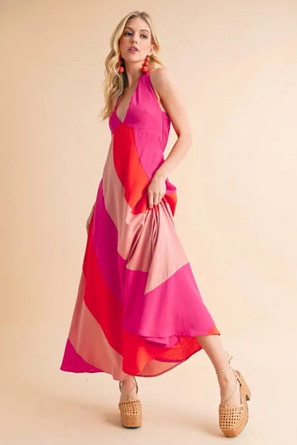 Color Block Sleeveless Maxi Dress in Pink Combo - product view 4